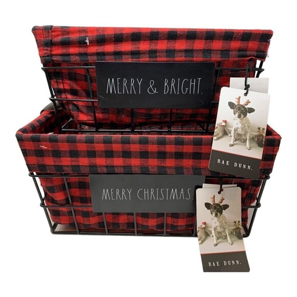 Rae Dunn Christmas Holiday Basket Set Home Gift Caddy Snacks Organize Red Check - Picture 1 of 10